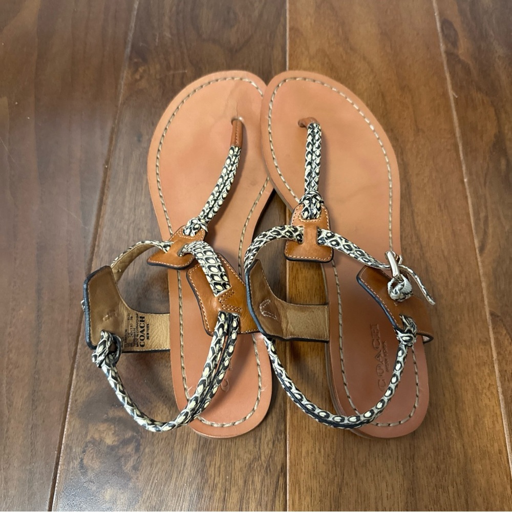 Coach Tan and black  Leather Sandals with Silver accents - Picture 2 of 12